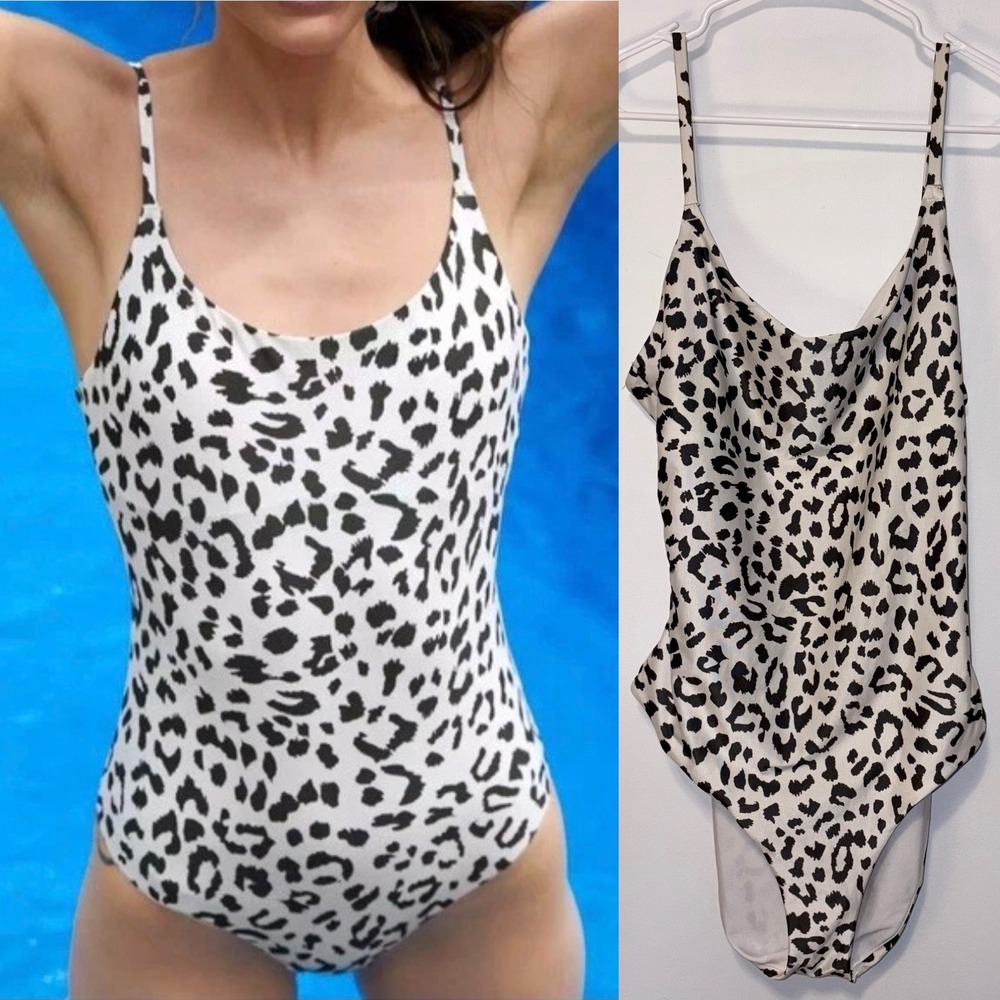 Aerie One Piece Swimsuit XL White Leopard Print Tie Back Scoop Neck Bathing Suit